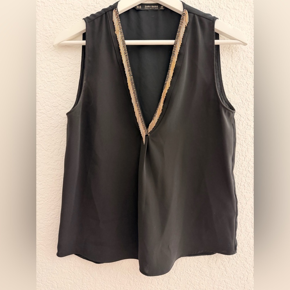 ZARA Basic Black Sleeveless V-Neck Blouse | Gold & Silver Beaded Chain